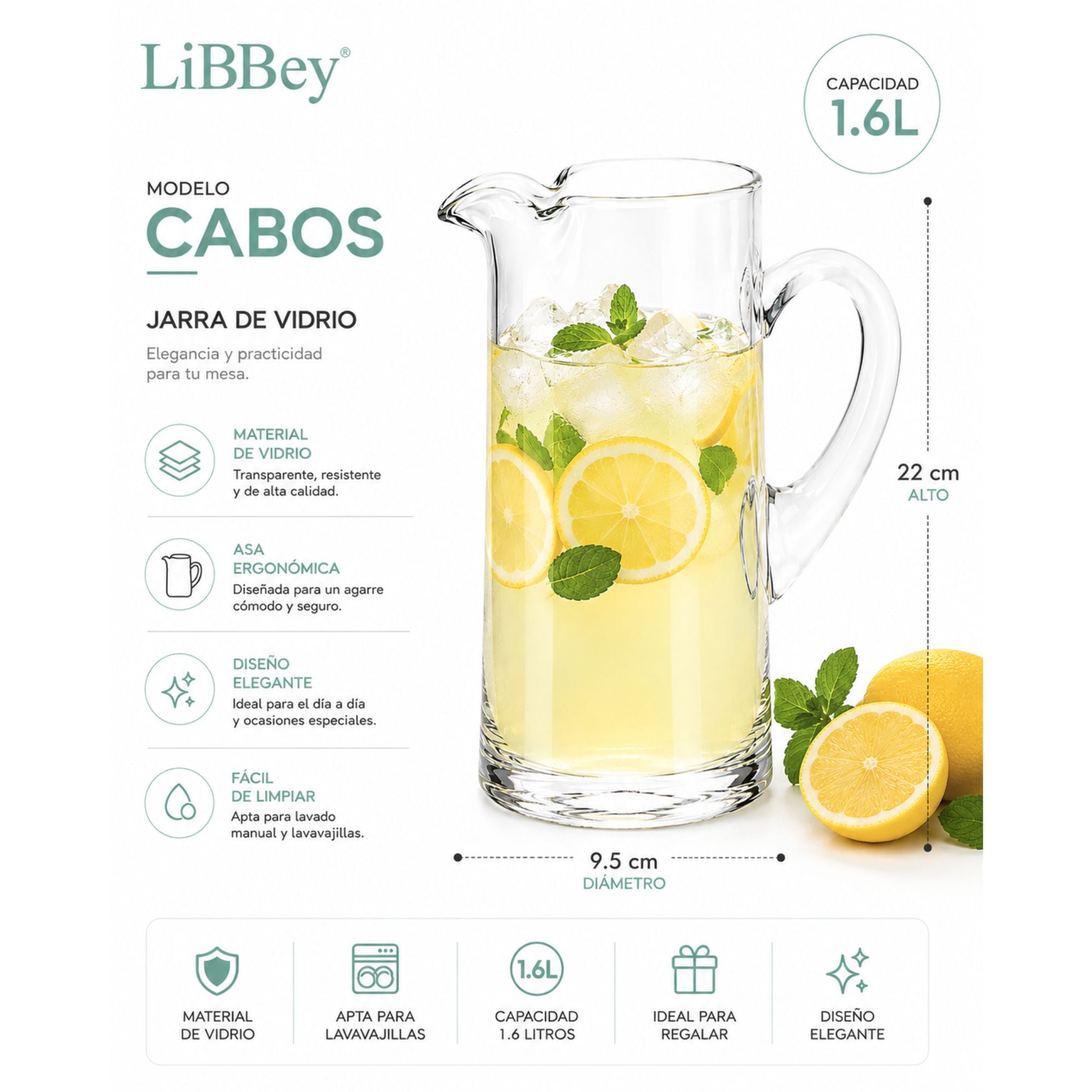 Jarra De Vidrio 1.6L Cabos Libbey