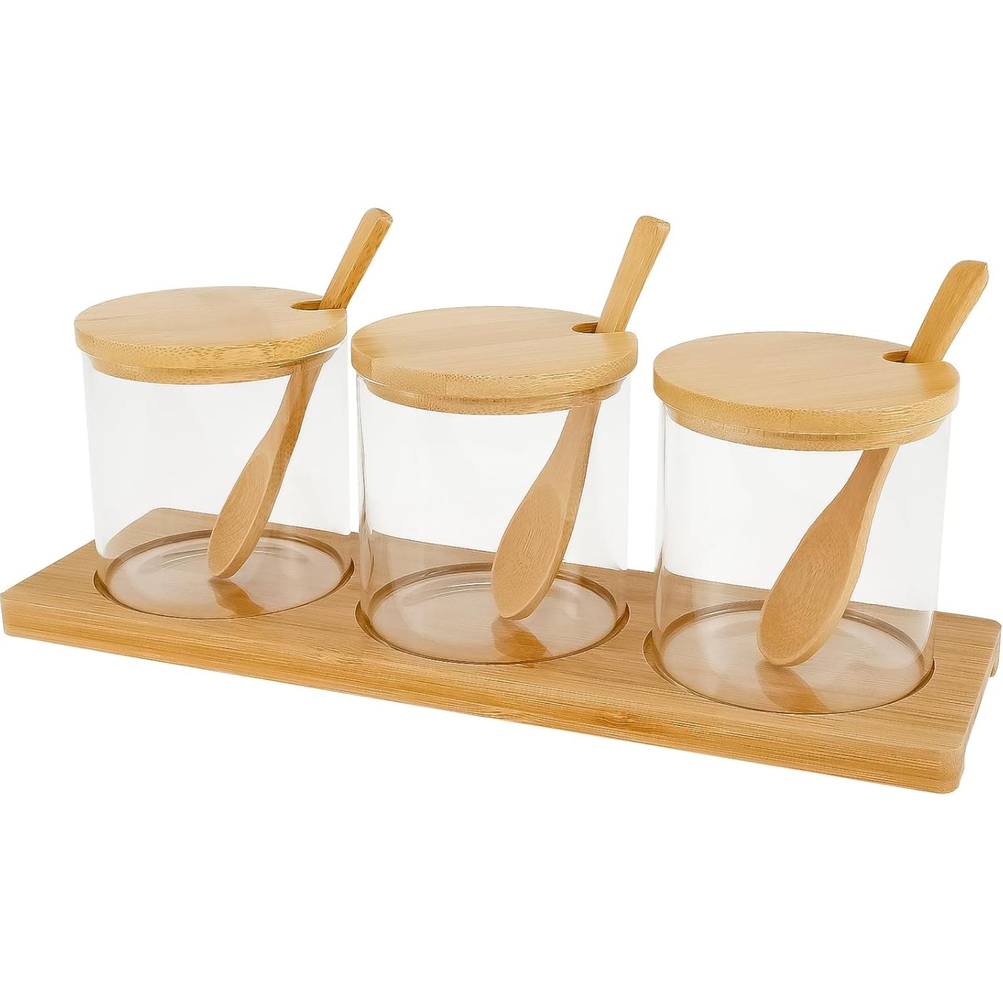 3 Frascos De Vidrio Tapa Bambú + Base