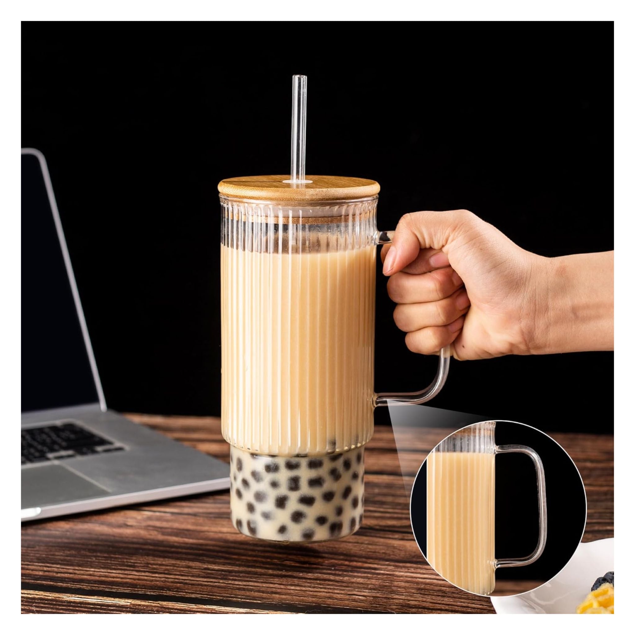 Vaso Vidrio Tapa Bambú y Bombilla