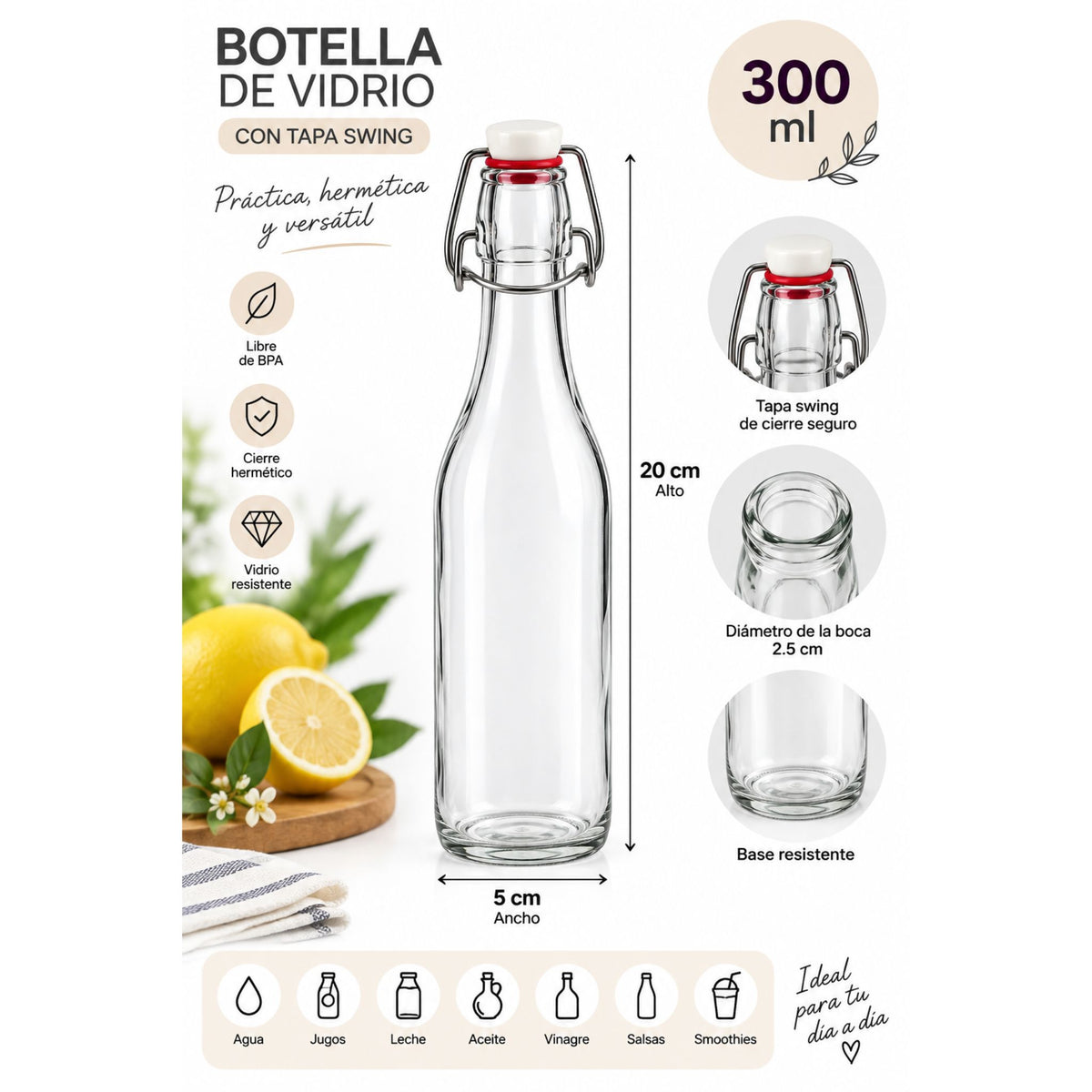 Botella Vidrio Tapa Swing 300ml