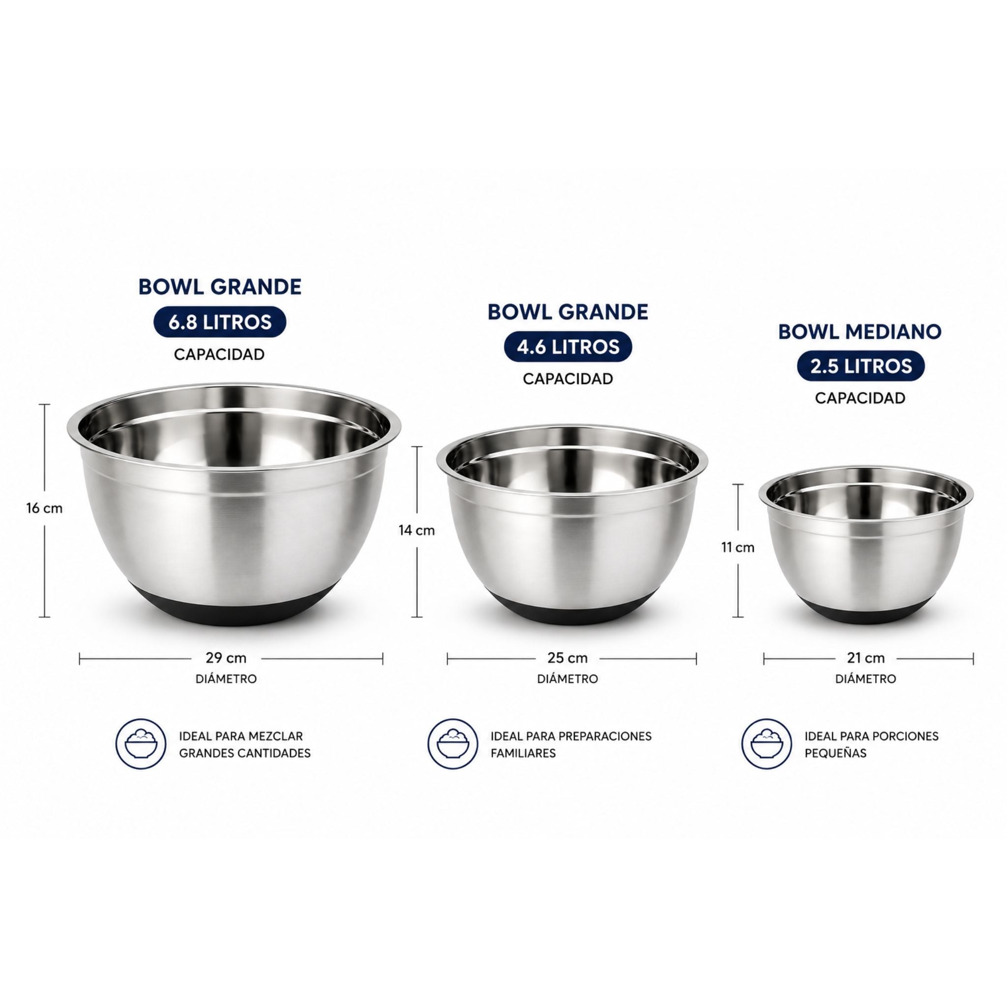Pack de 3 Bowls de Acero Inoxidable