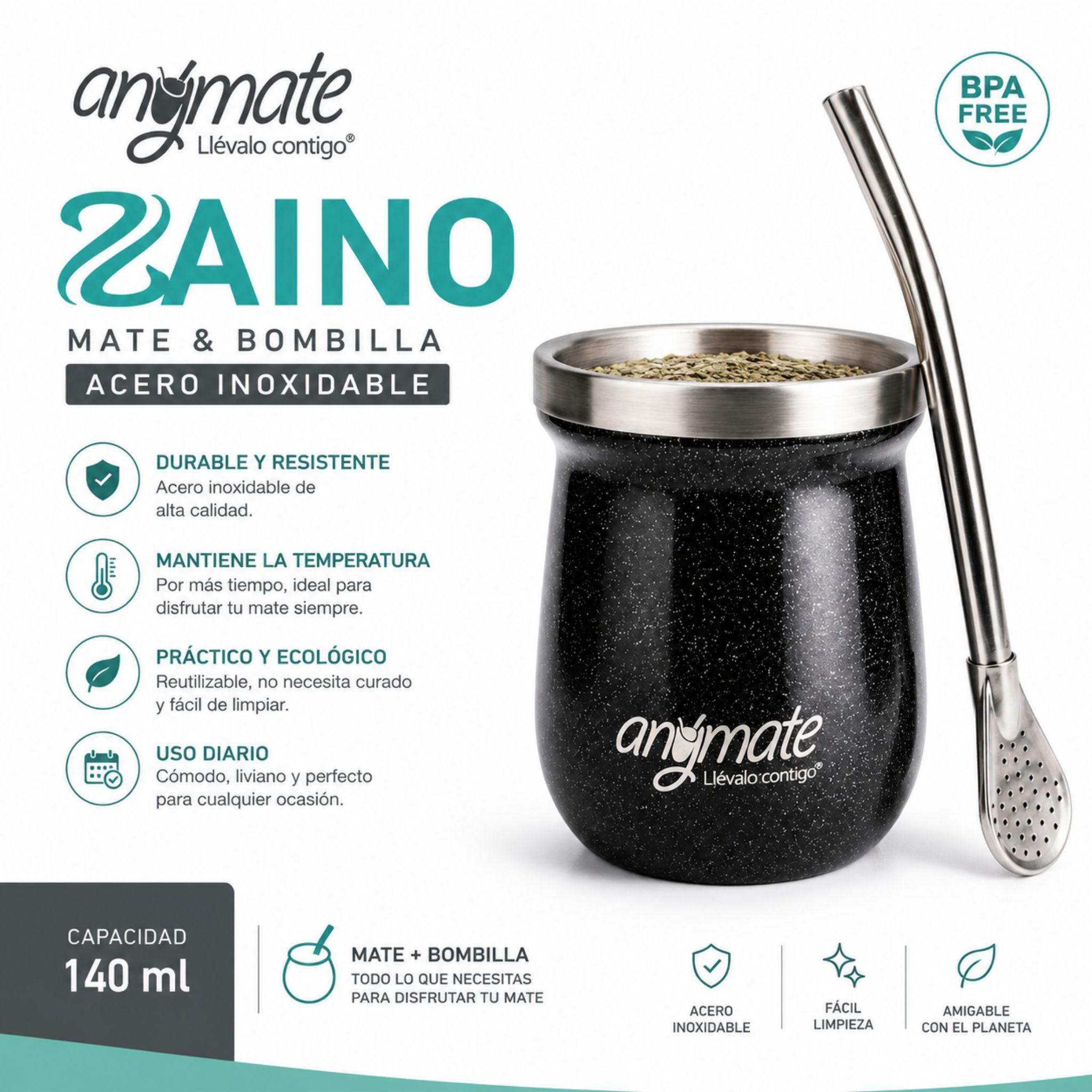 Mate Zaino + Bombilla Acero Inoxidable