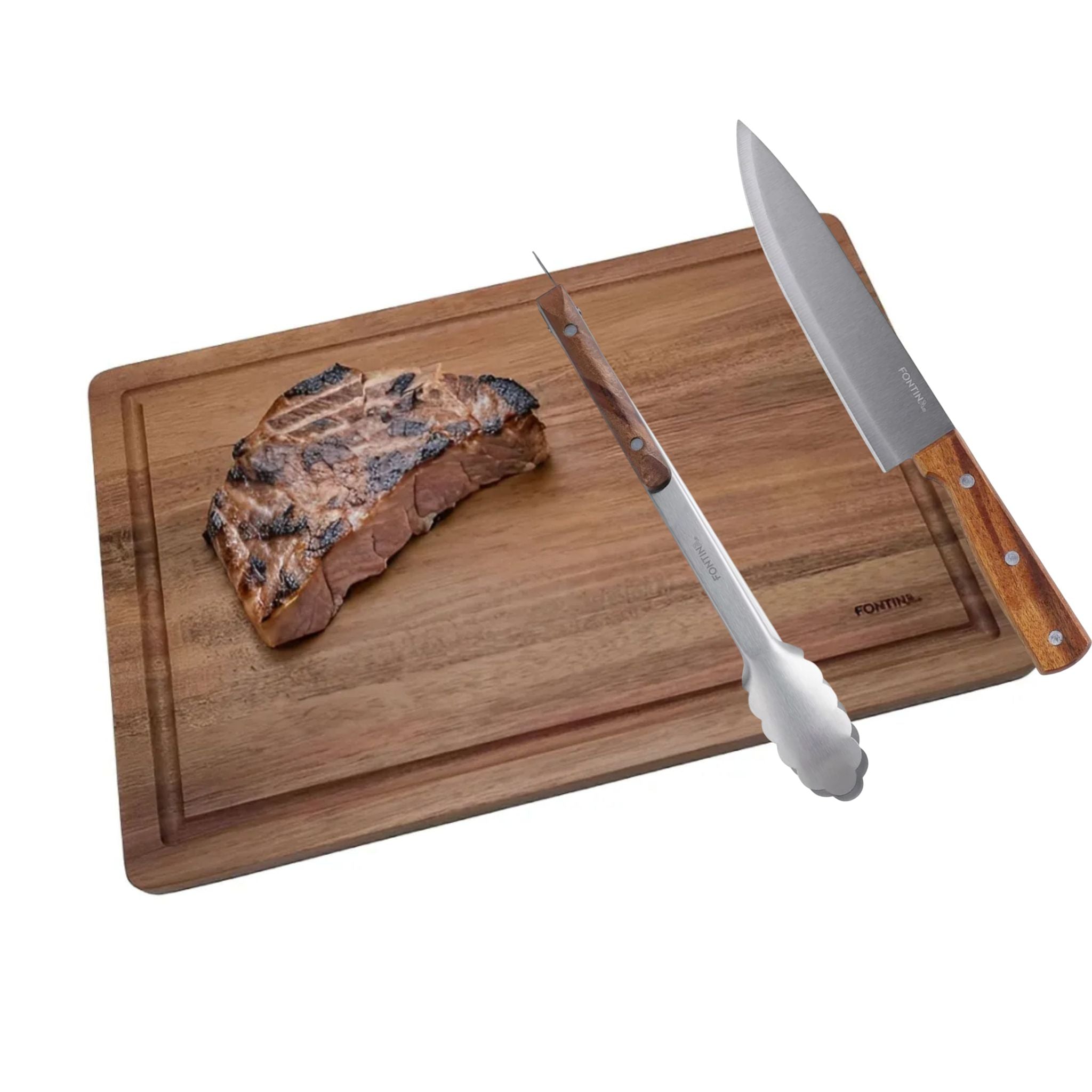 Tabla Madera + Cuchillo + Pinza Asado