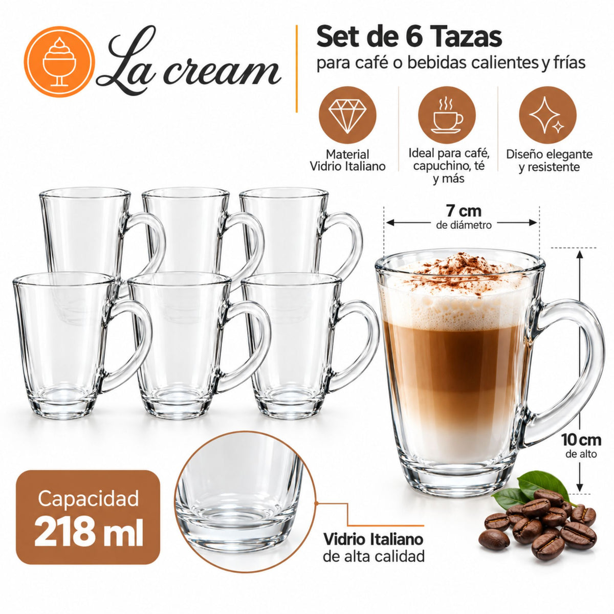 Set 6 Tazas Café Vidrio 218ml