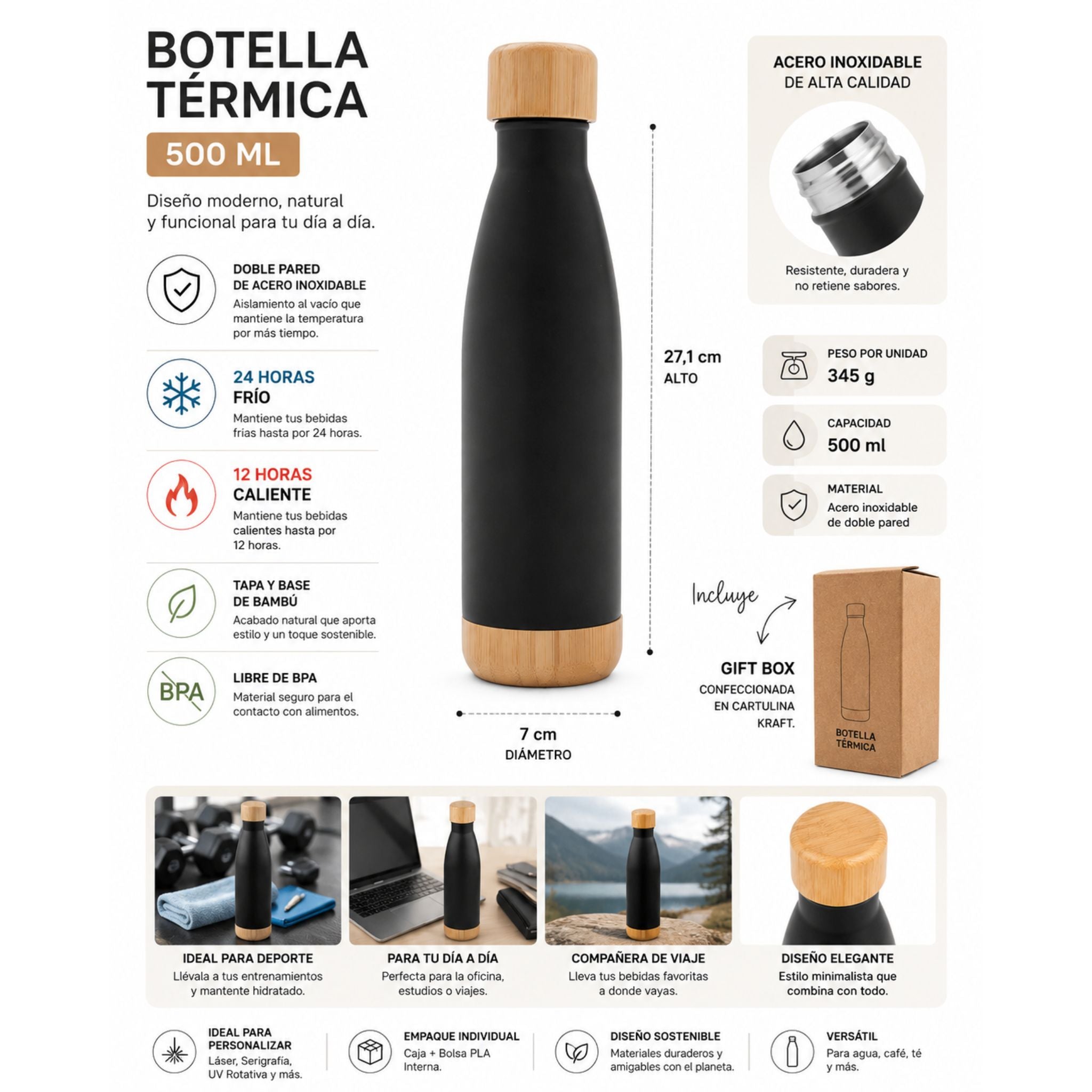 Botella Térmica Tapa Bambú 500ml