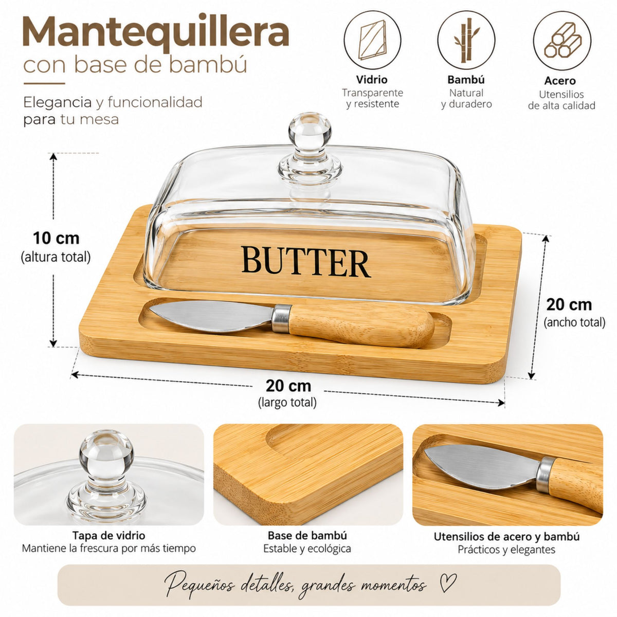 Mantequillero Vidrio y Bambú