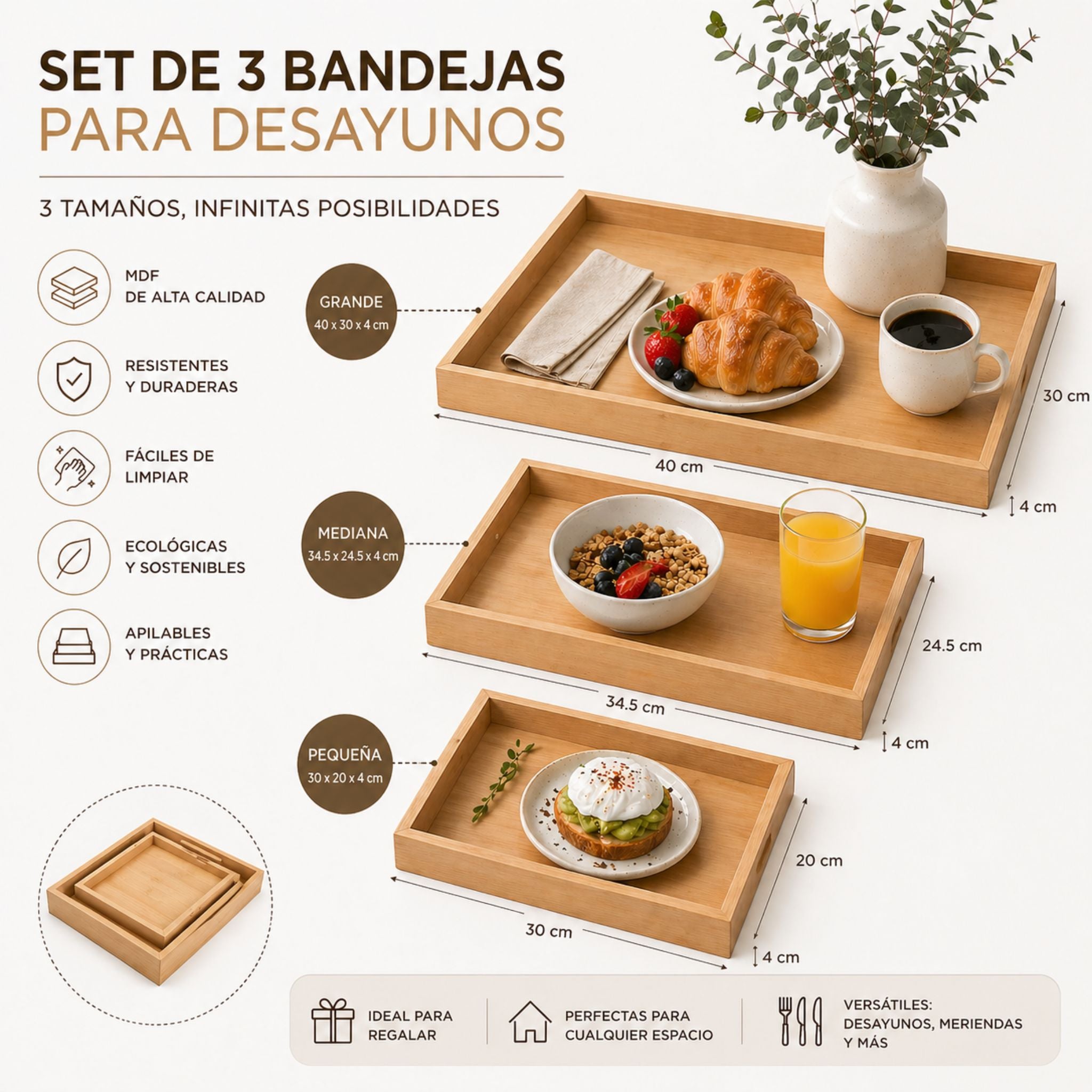 Bandejas Para Desayuno Madera X3