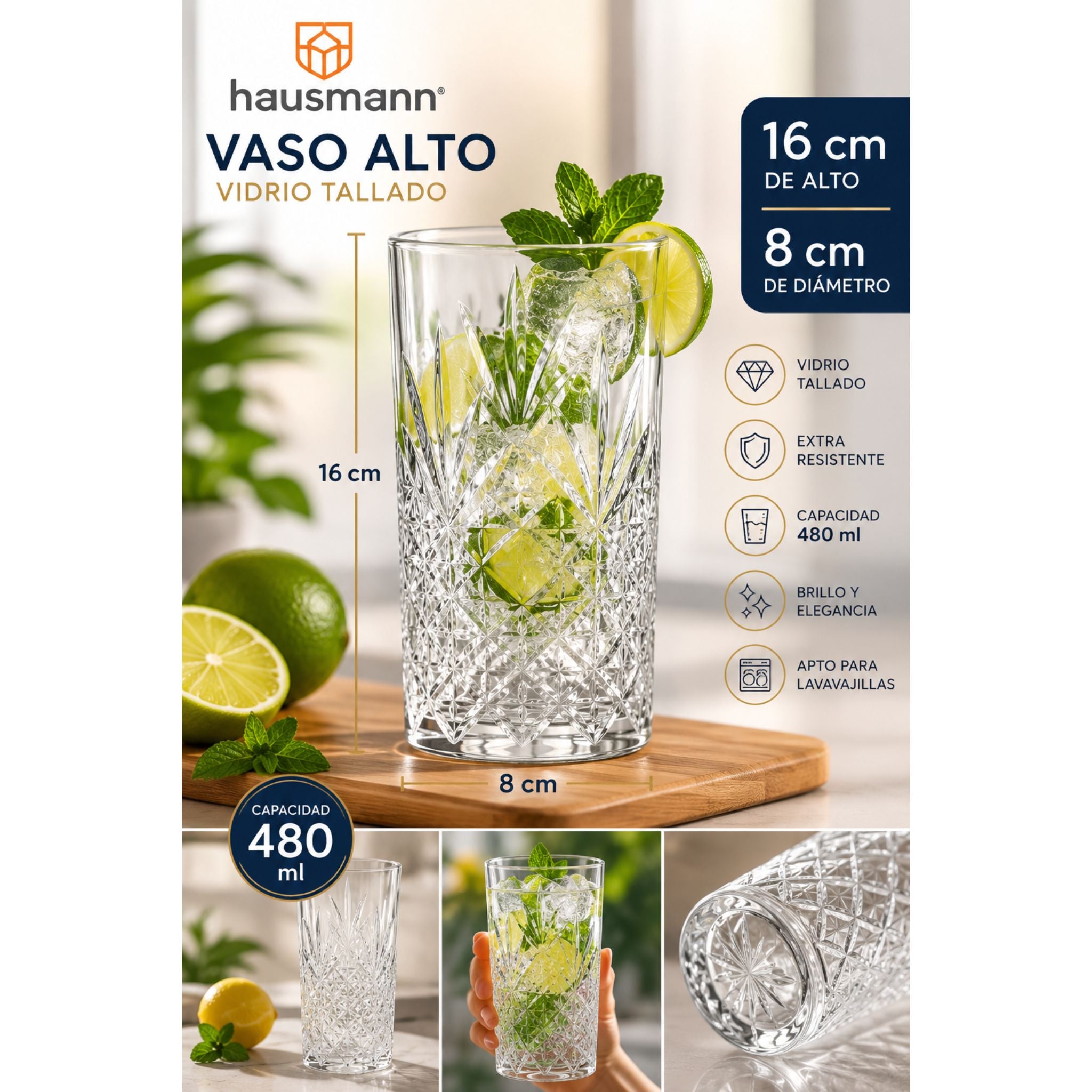 Vaso Alto Vidrio Coctel 480ml X6