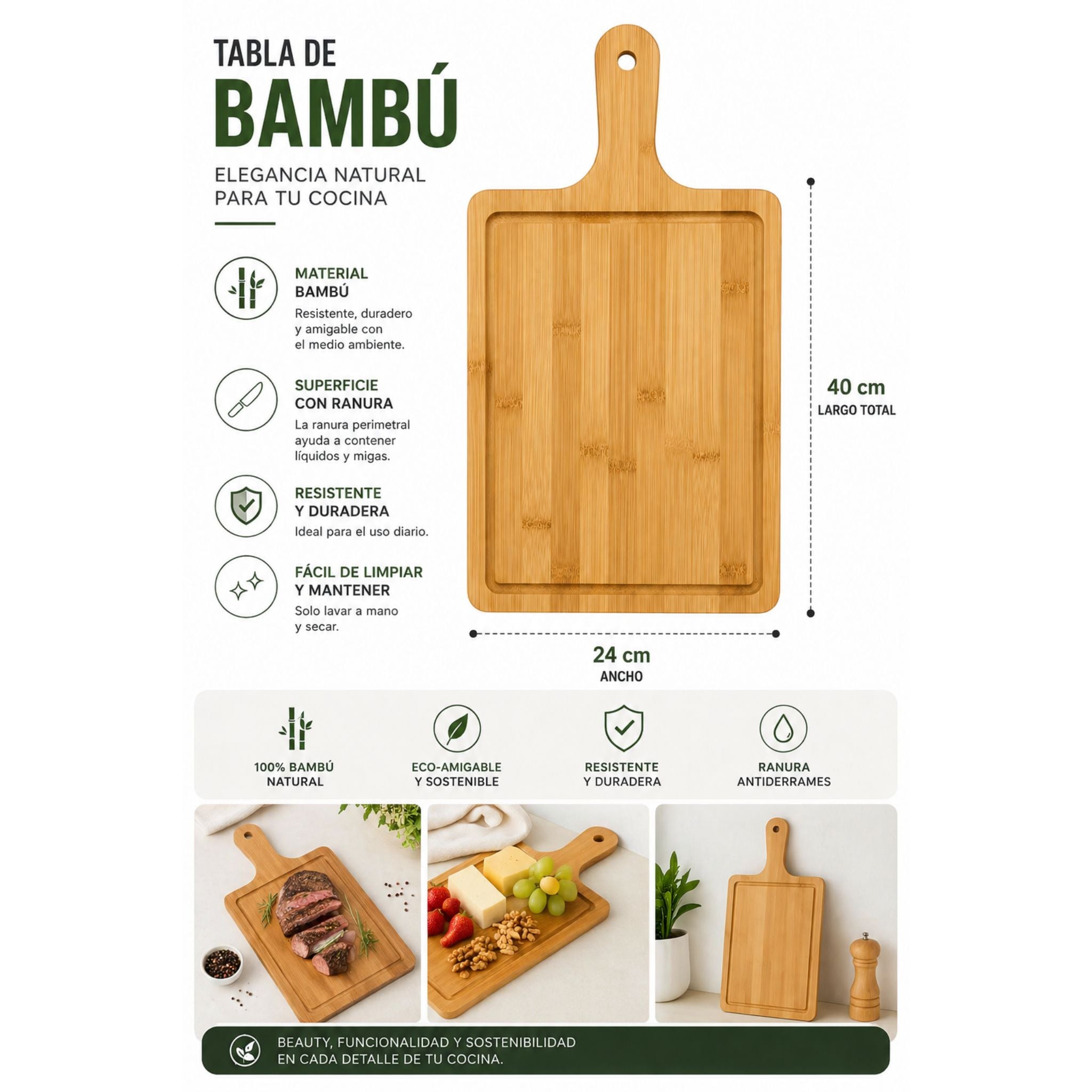Tabla De Bambú 40cm Con Mango