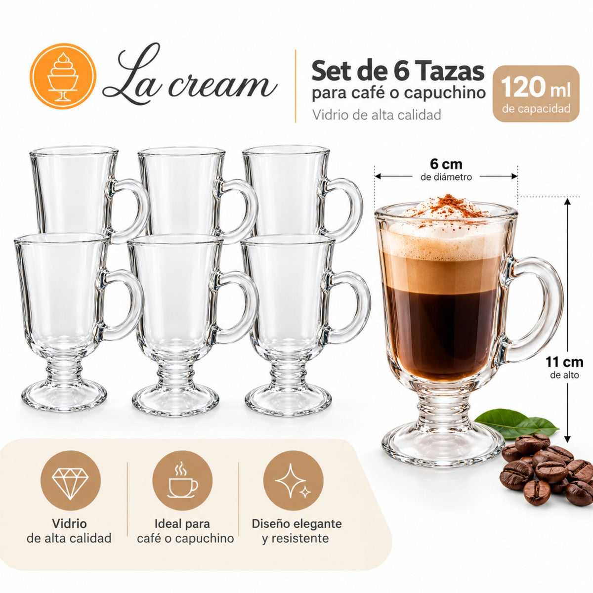 Set 6 Tazas Vidrio La Cream 120ml